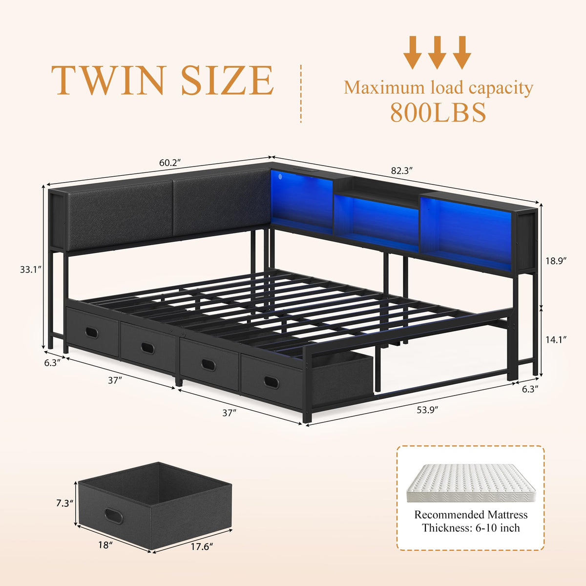 Black Corner Bed Frame with 4 Storage Bookcases J50557