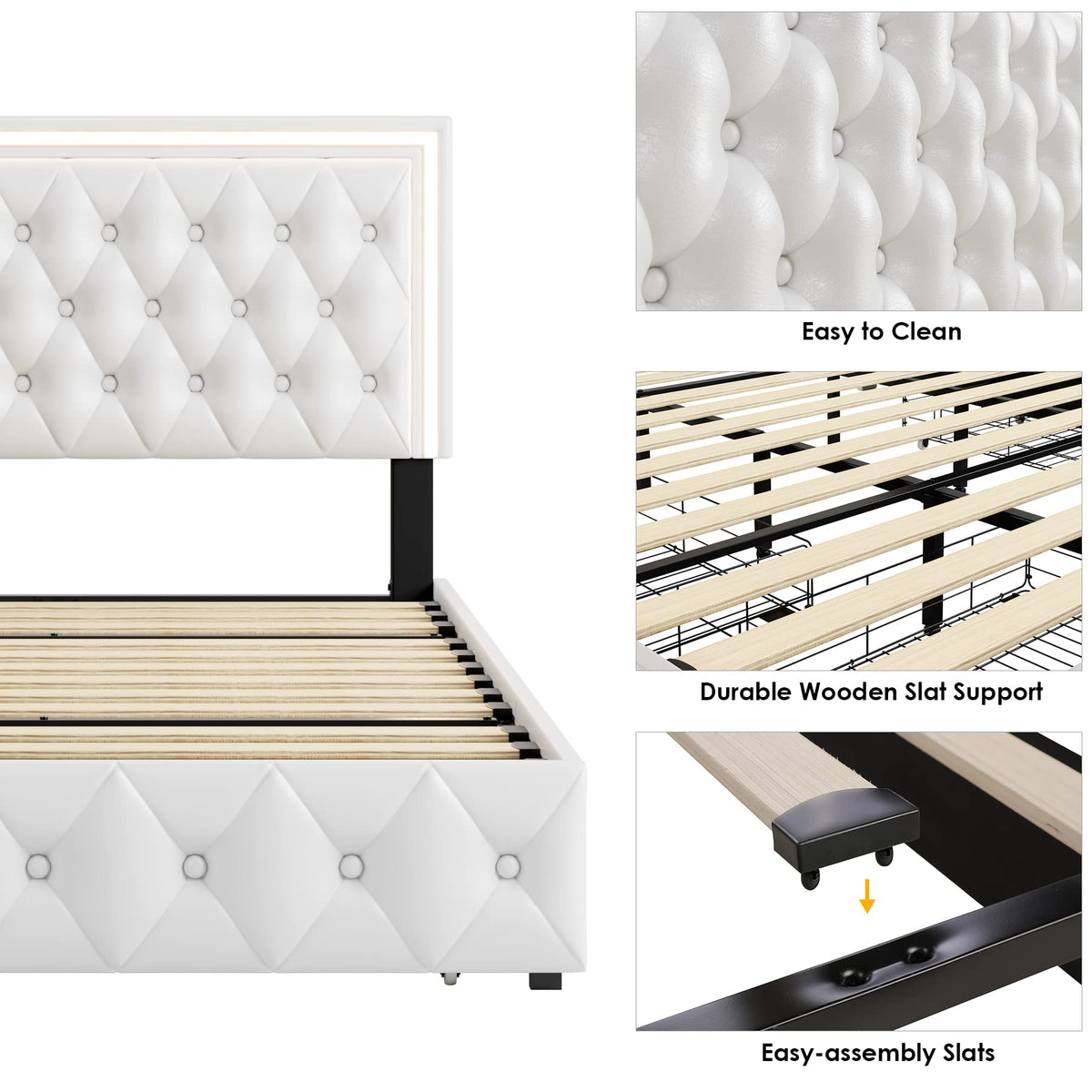 White Full Size LED Bed Frame with 4 Storage Drawers and Adjustable Headboard J518173