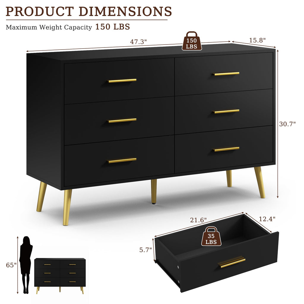Black 6 Drawer Wood Dresser E6113