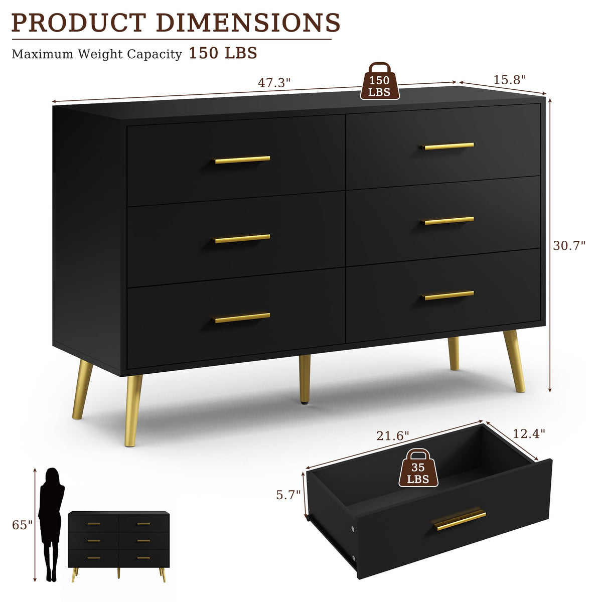 Black 6 Drawer Wood Dresser E6113