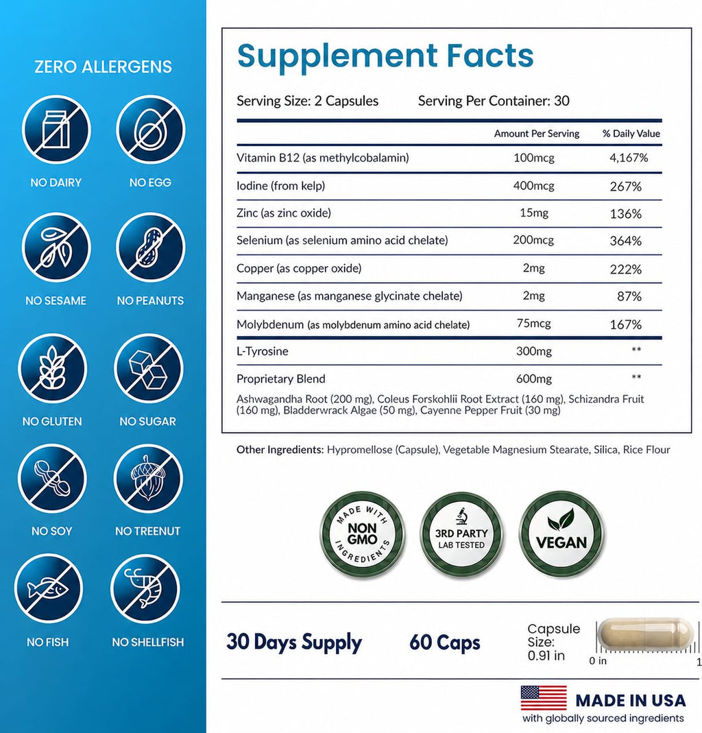 All Natural Thyroid Support Supplement with Iodine, B12, Zinc, Selenium, Ashwagandha - 60 Vegetarian Capsules K182