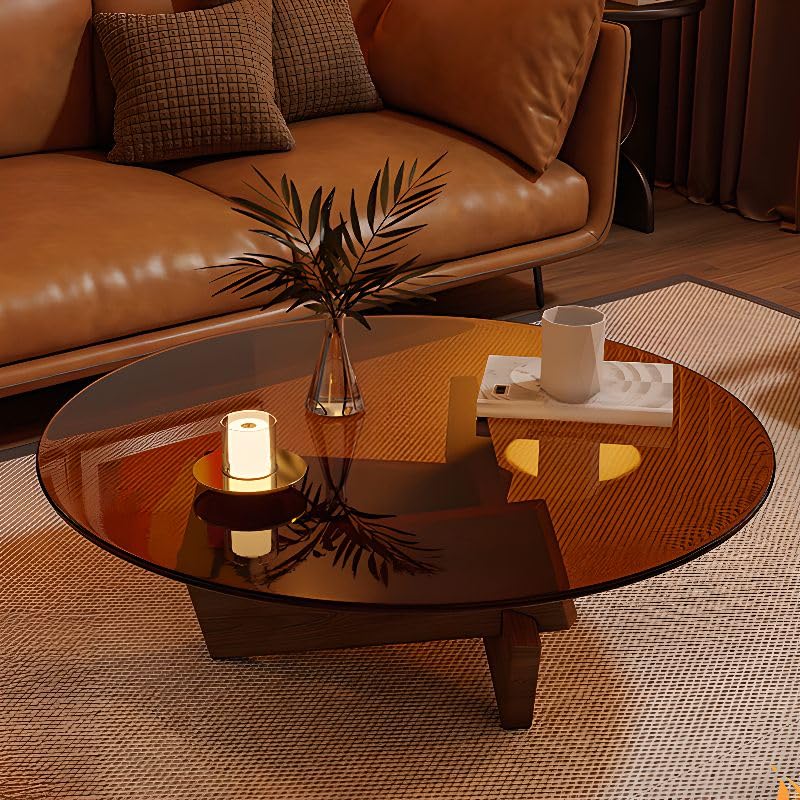 Round Glass Coffee Table with Solid Wood Abstract Base Y7993