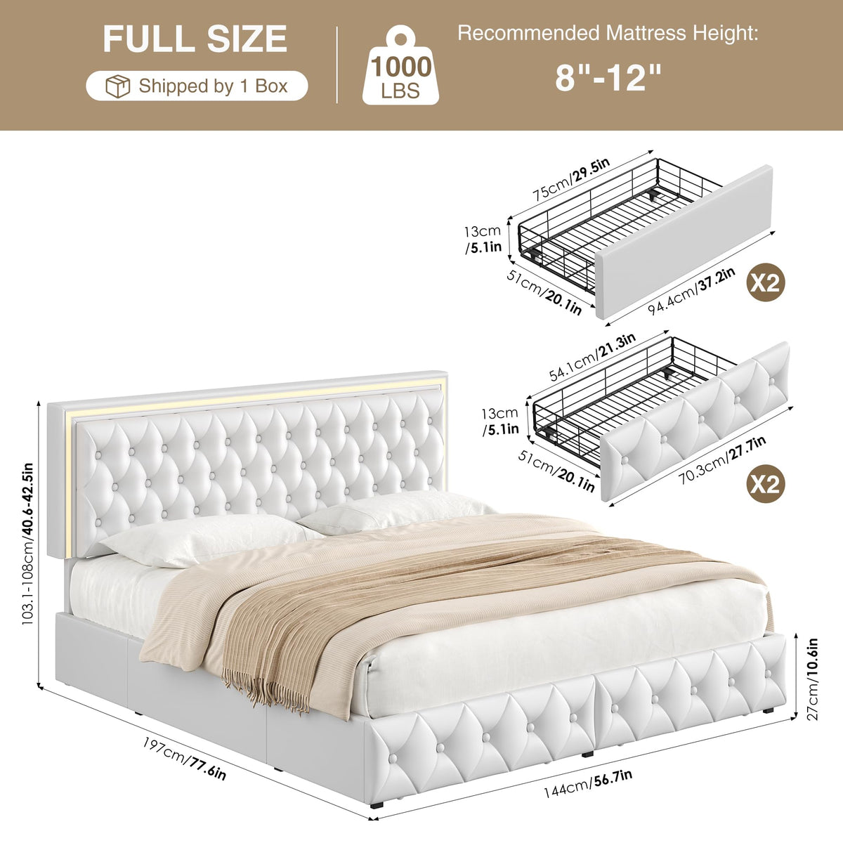 White Full Size LED Bed Frame with 4 Storage Drawers and Adjustable Headboard J518173