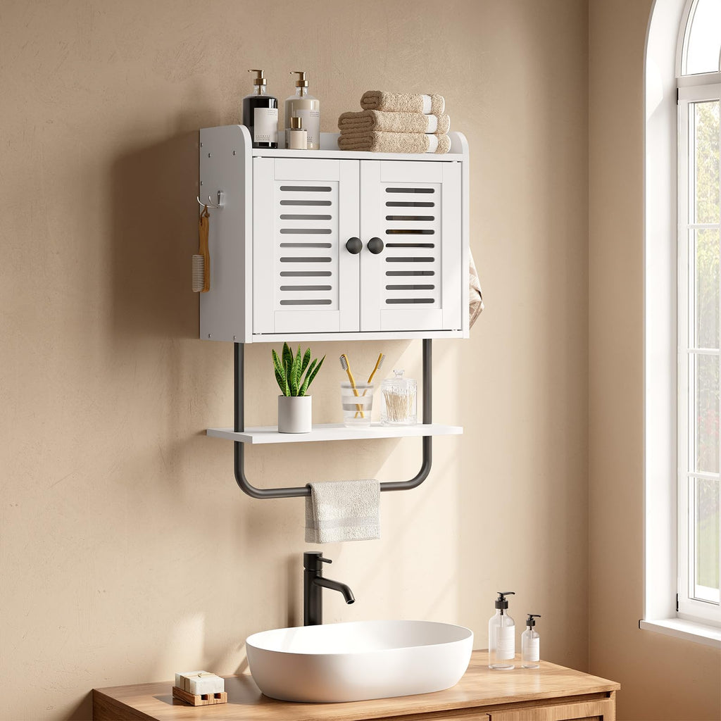 White Double Doors Bathroom Wall Cabinet with Towel Bar, Adjustable Shelf, 2 Hooks H942494