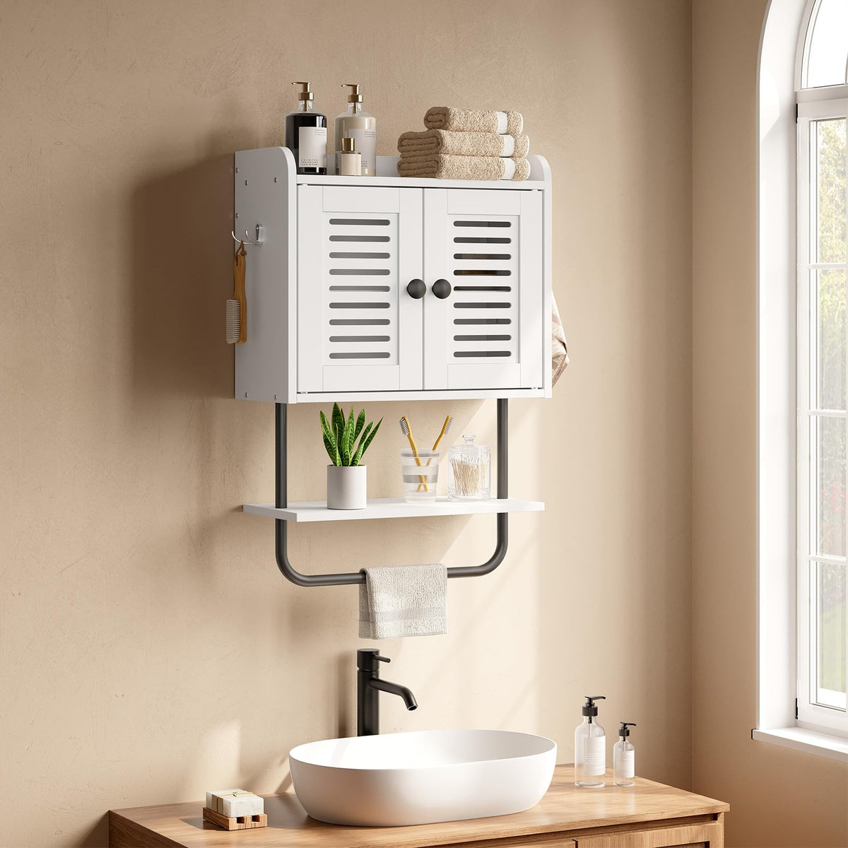 White Double Doors Bathroom Wall Cabinet with Towel Bar, Adjustable Shelf, 2 Hooks H942494