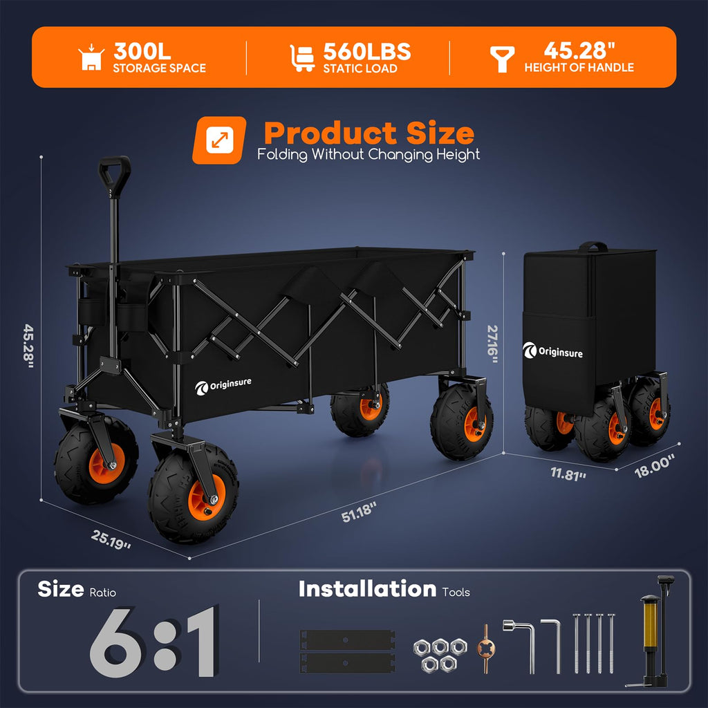 Collapsible Beach Wagon with Balloon Wheels, 560lbs, Black V419904