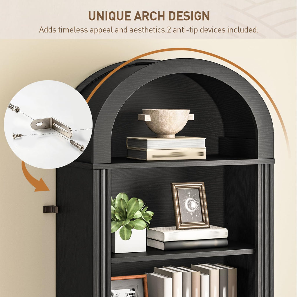 75.8" Tall Narrow 6-Tier Arched Wooden Bookshelf, Black T2716