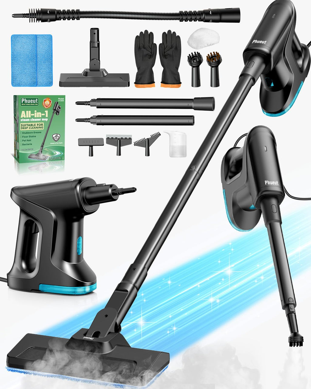 14-in-1 Lightweight Detachable Handheld Steam Mop Black H739766