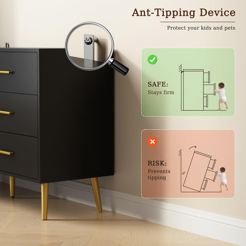 Black 6 Drawer Wood Dresser E6113