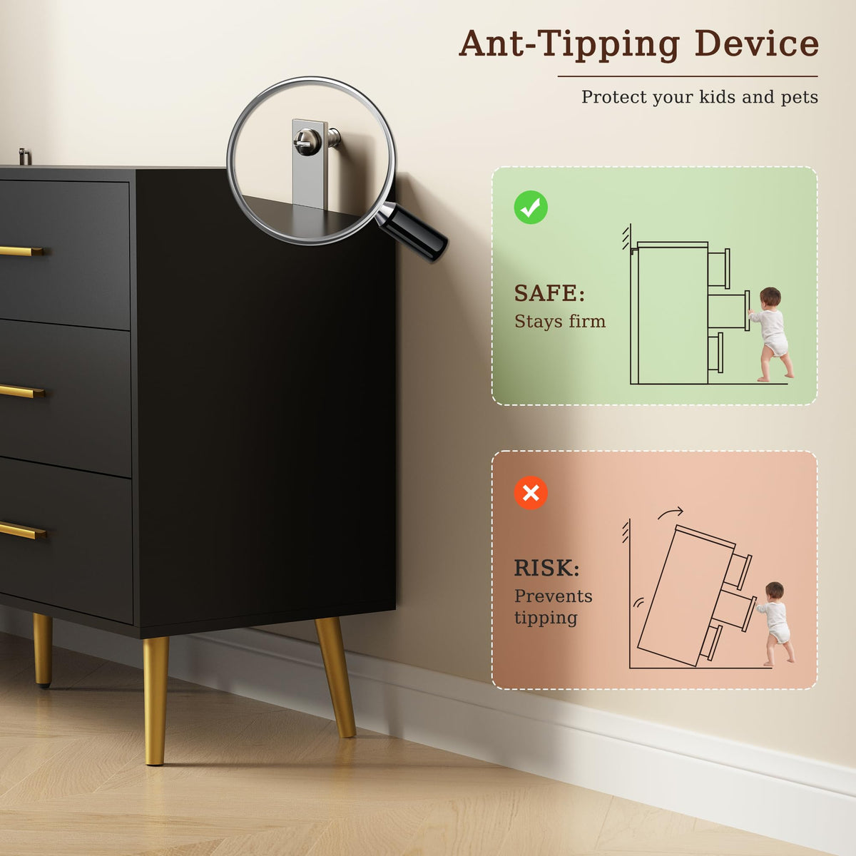 Black 6 Drawer Wood Dresser E6113