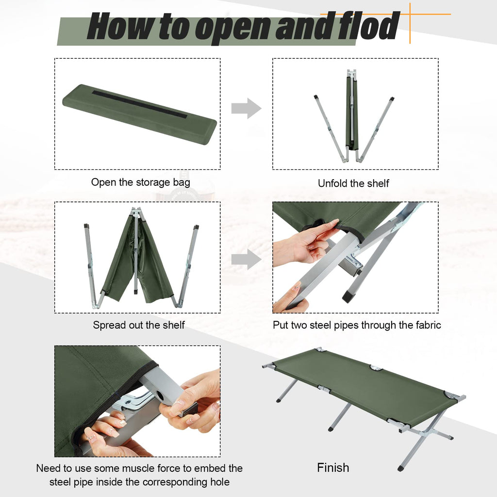 2 Pcs Army Green Folding Camping Cot Bed with Carry Bag W121356
