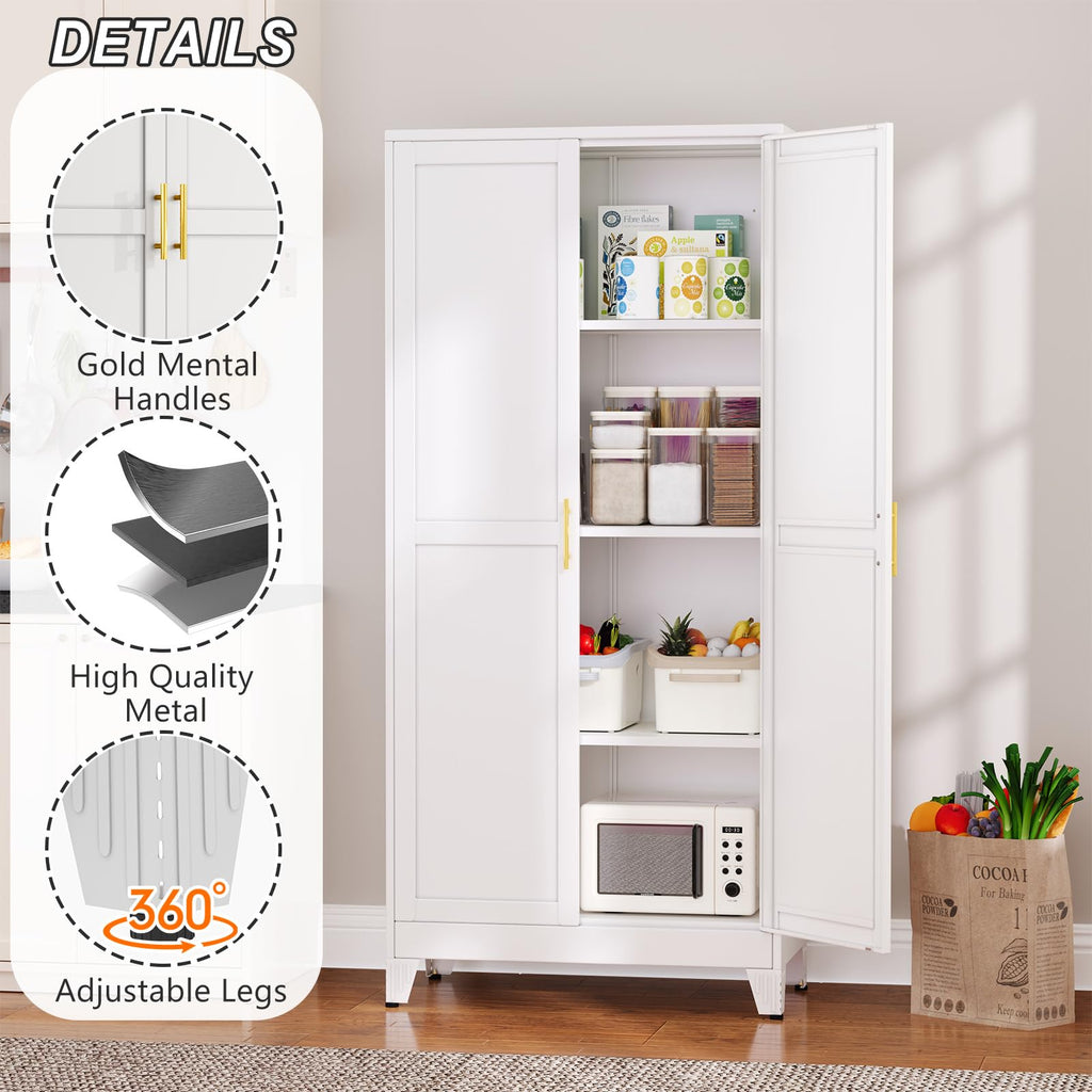 White Metal Pantry Cabinet with 2 Doors and Adjustable Shelves K490351