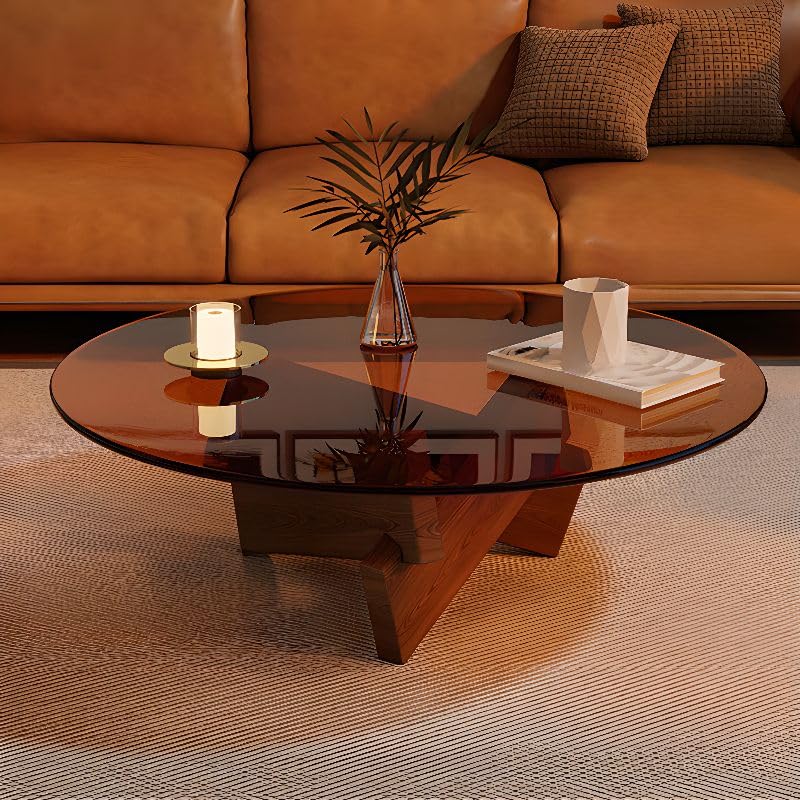 Round Glass Coffee Table with Solid Wood Abstract Base Y7993