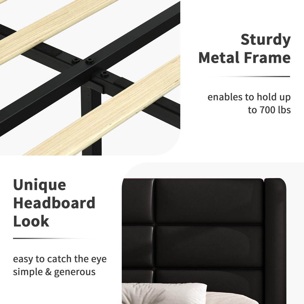 Black Queen Upholstered Bed Frame with Headboard and LED Lights V460021