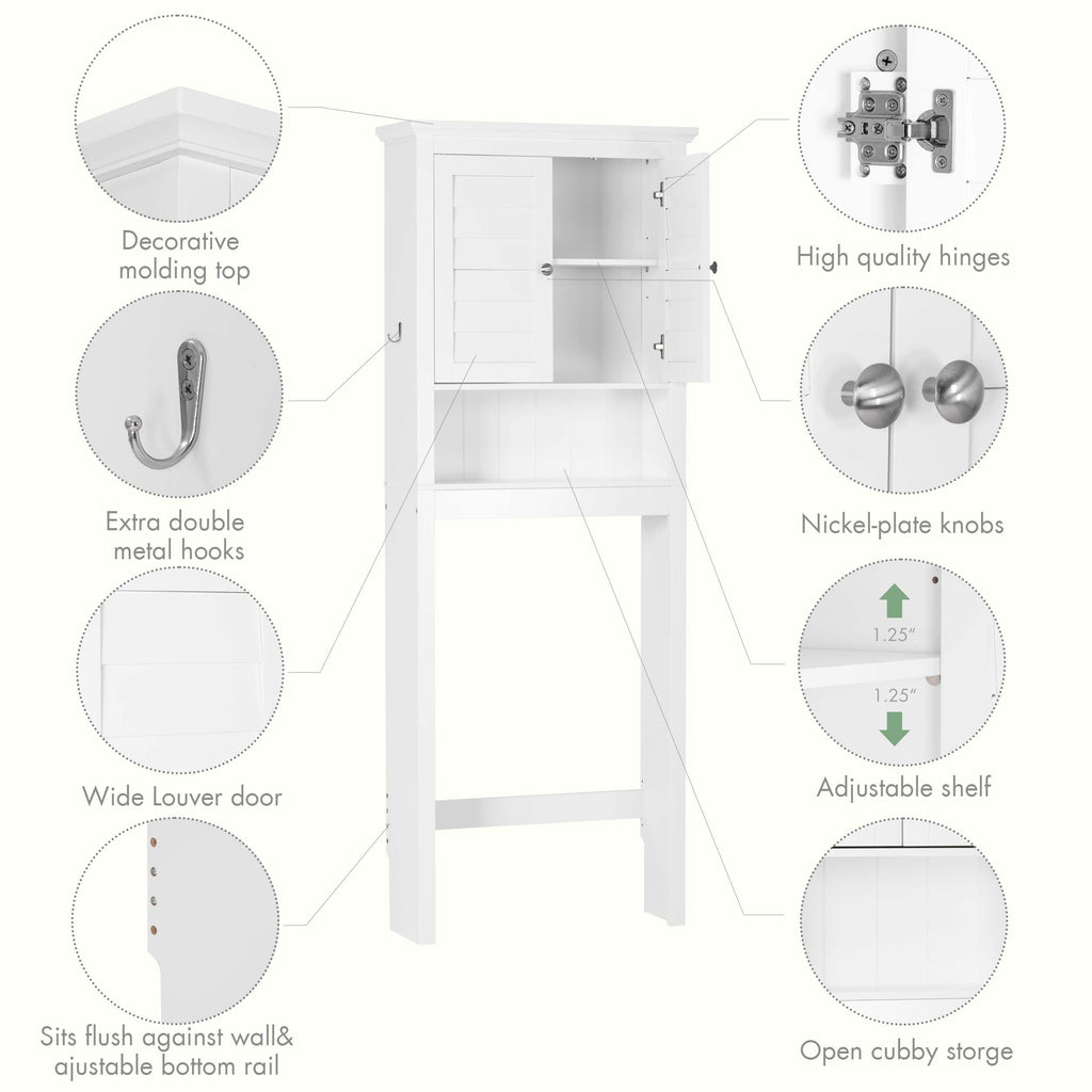 White Over The Toilet Storage Cabinet with Louvered Doors & Hooks R8893