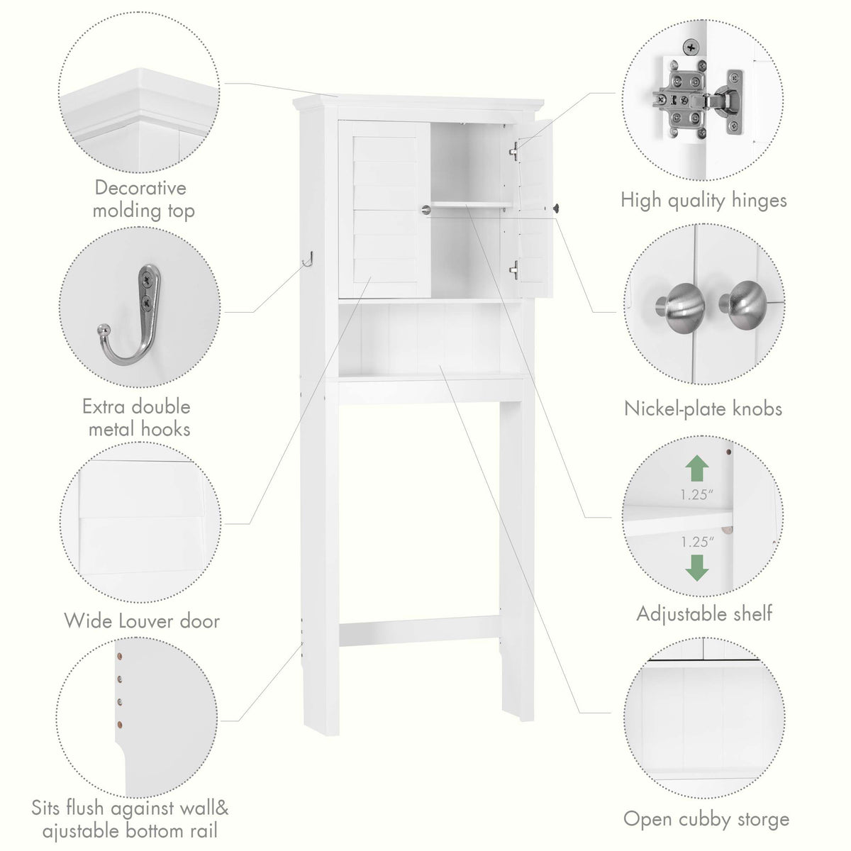 White Over The Toilet Storage Cabinet with Louvered Doors & Hooks R8893