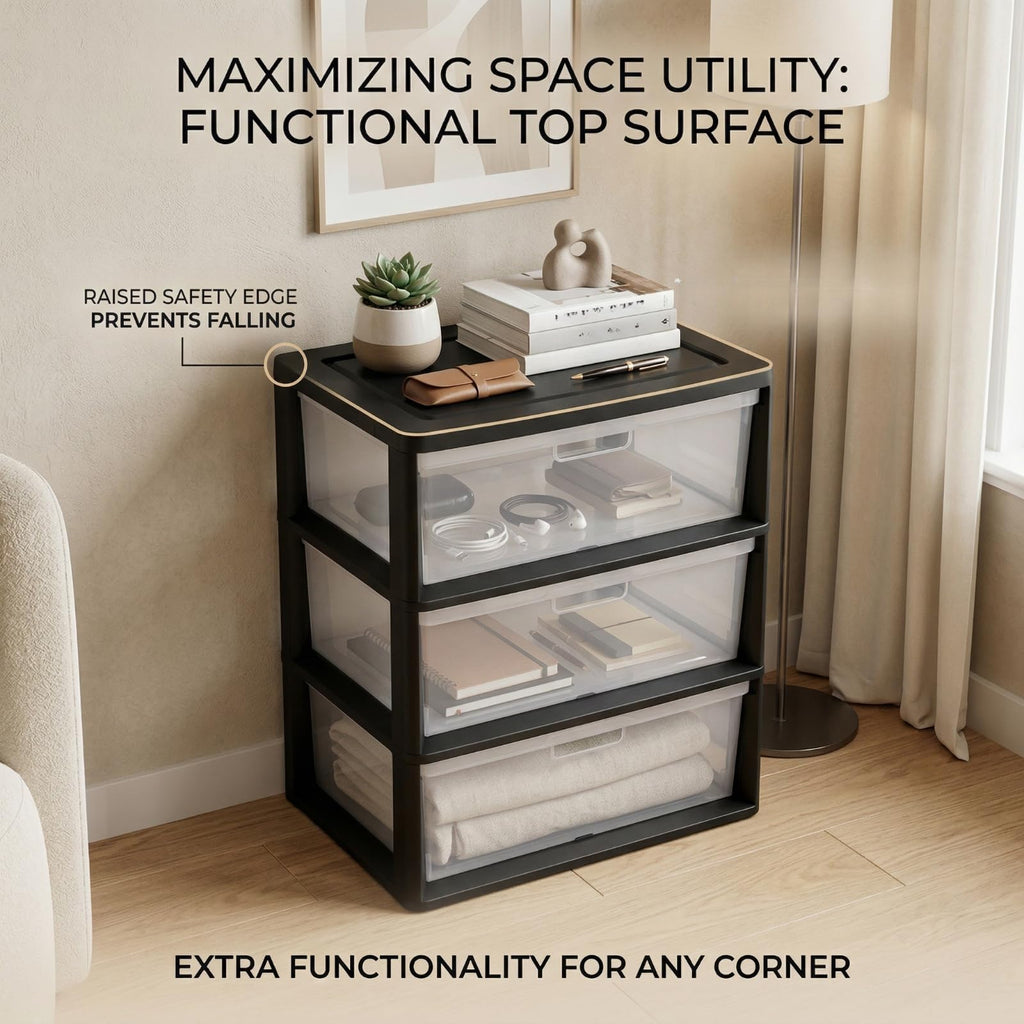 Black 3 Drawer Storage Organizer Tower with Clear Plastic Bins G4372