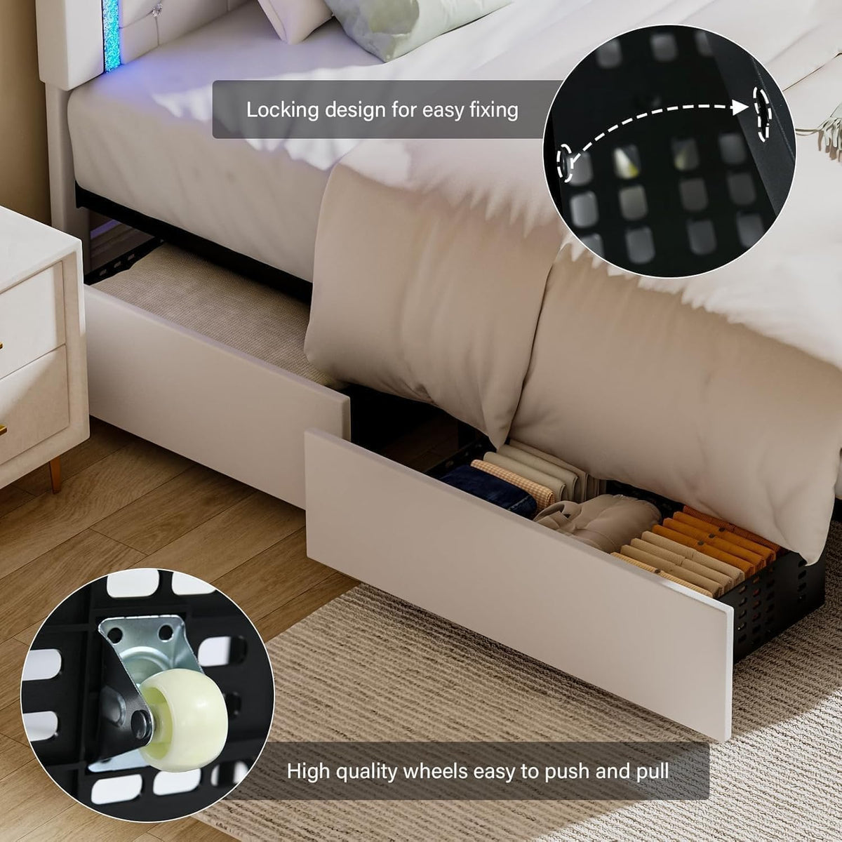 White Twin Bed Frame with Storage Drawers and LED Lights Y5089