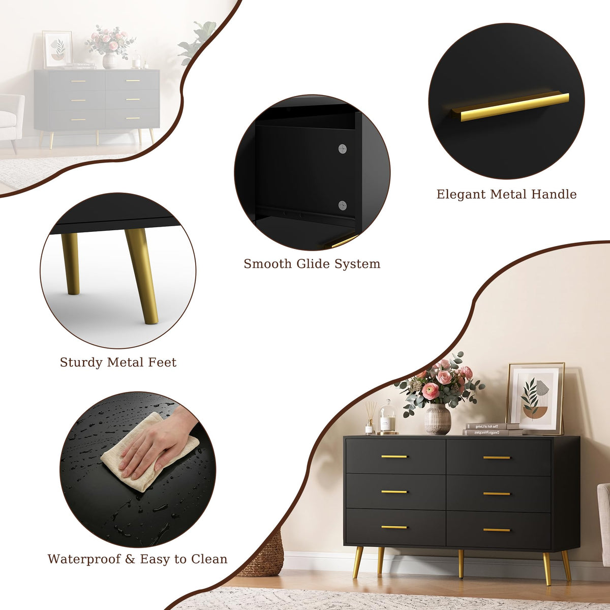 Black 6 Drawer Wood Dresser E6113