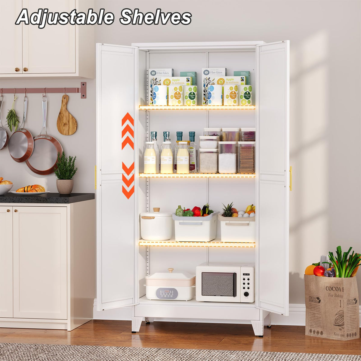 White Metal Pantry Cabinet with 2 Doors and Adjustable Shelves K490351