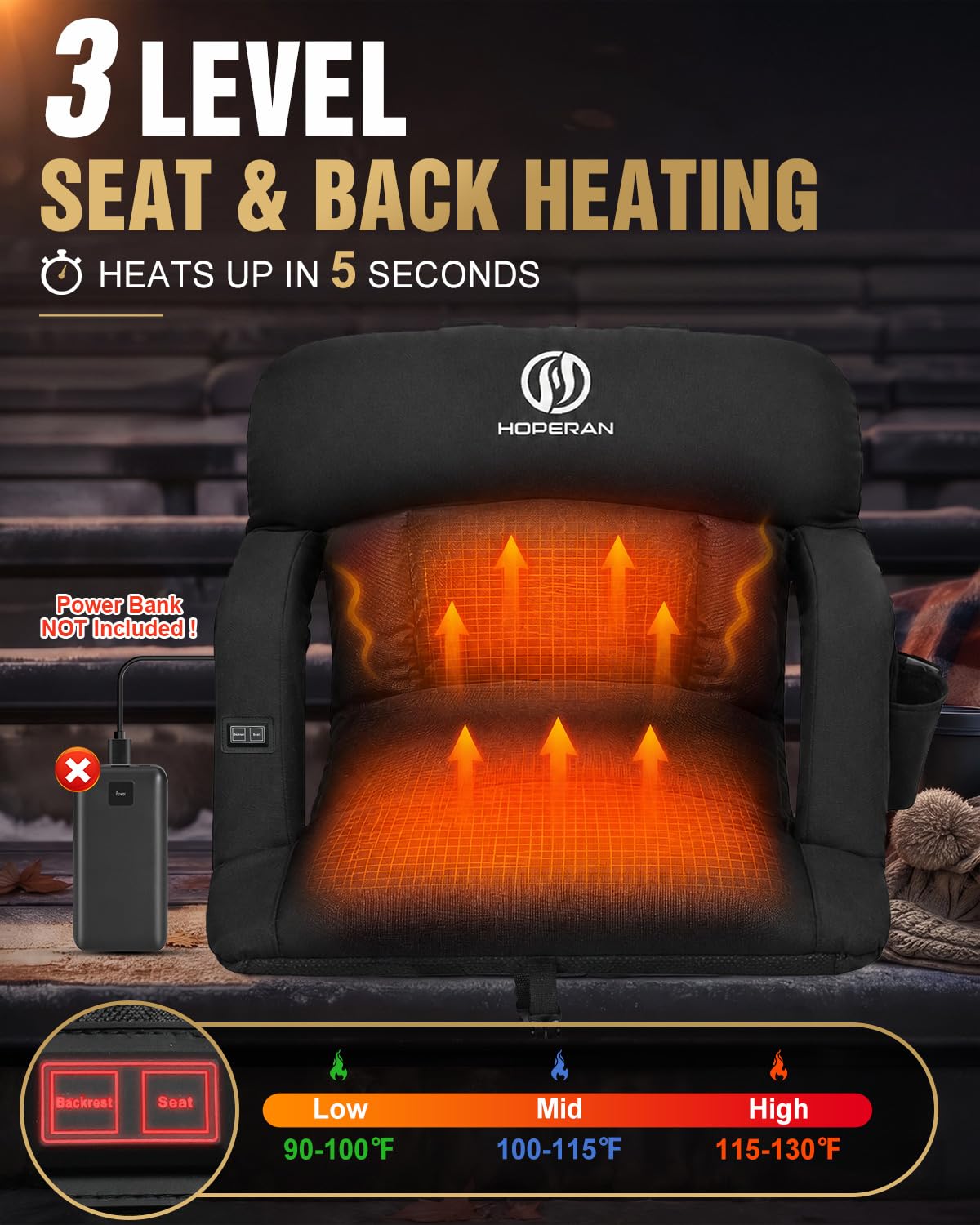 25" Heated Stadium Seats for Bleachers, 4.3" Extra Thick, Black 2PC G652000