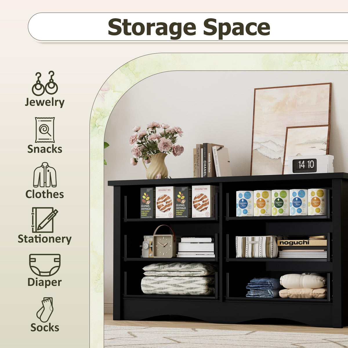Black 6 Drawer Wood Dresser W7348
