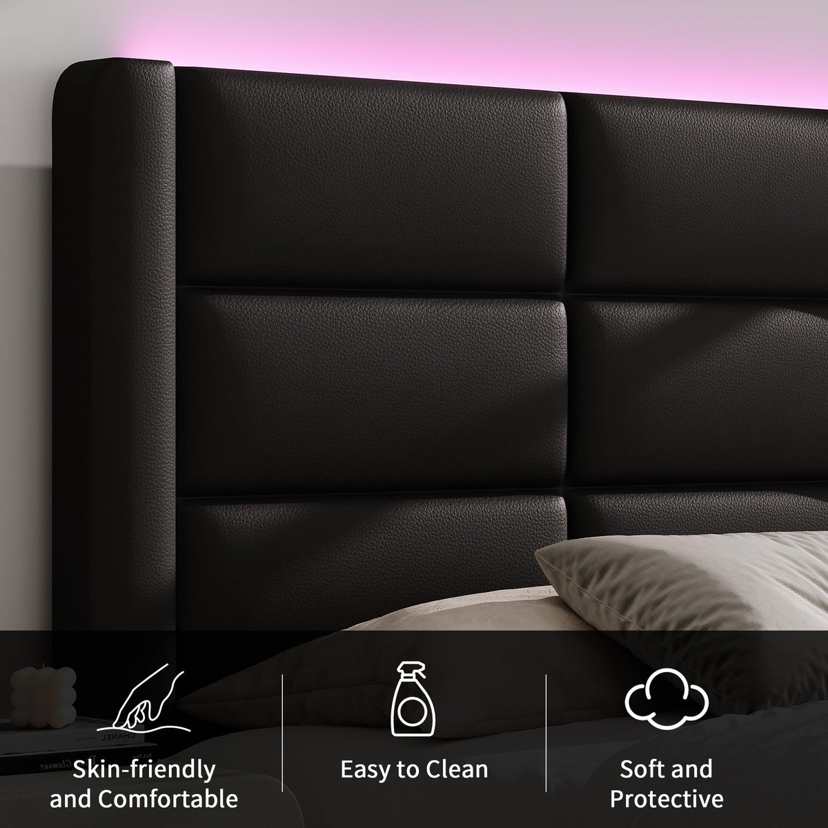 Black Queen Upholstered Bed Frame with Headboard and LED Lights V460021