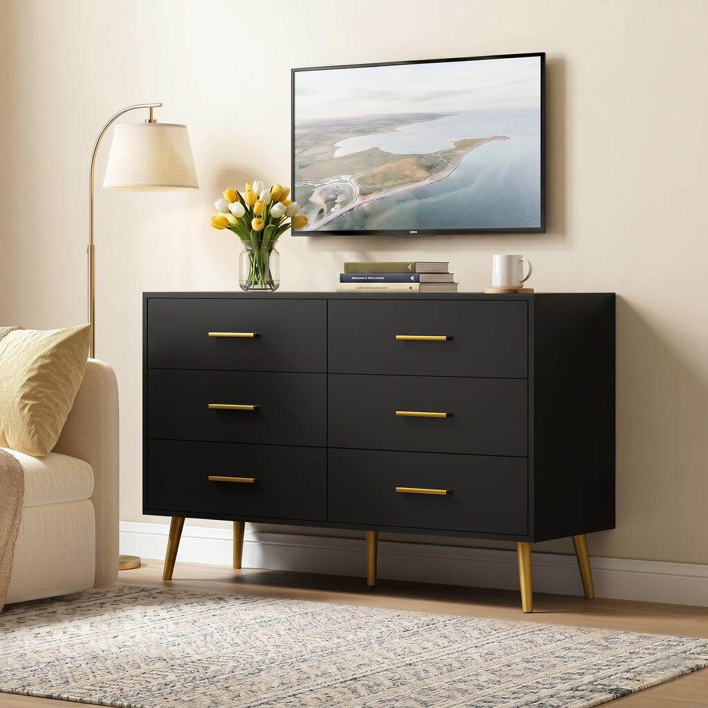 Black 6 Drawer Wood Dresser E6113