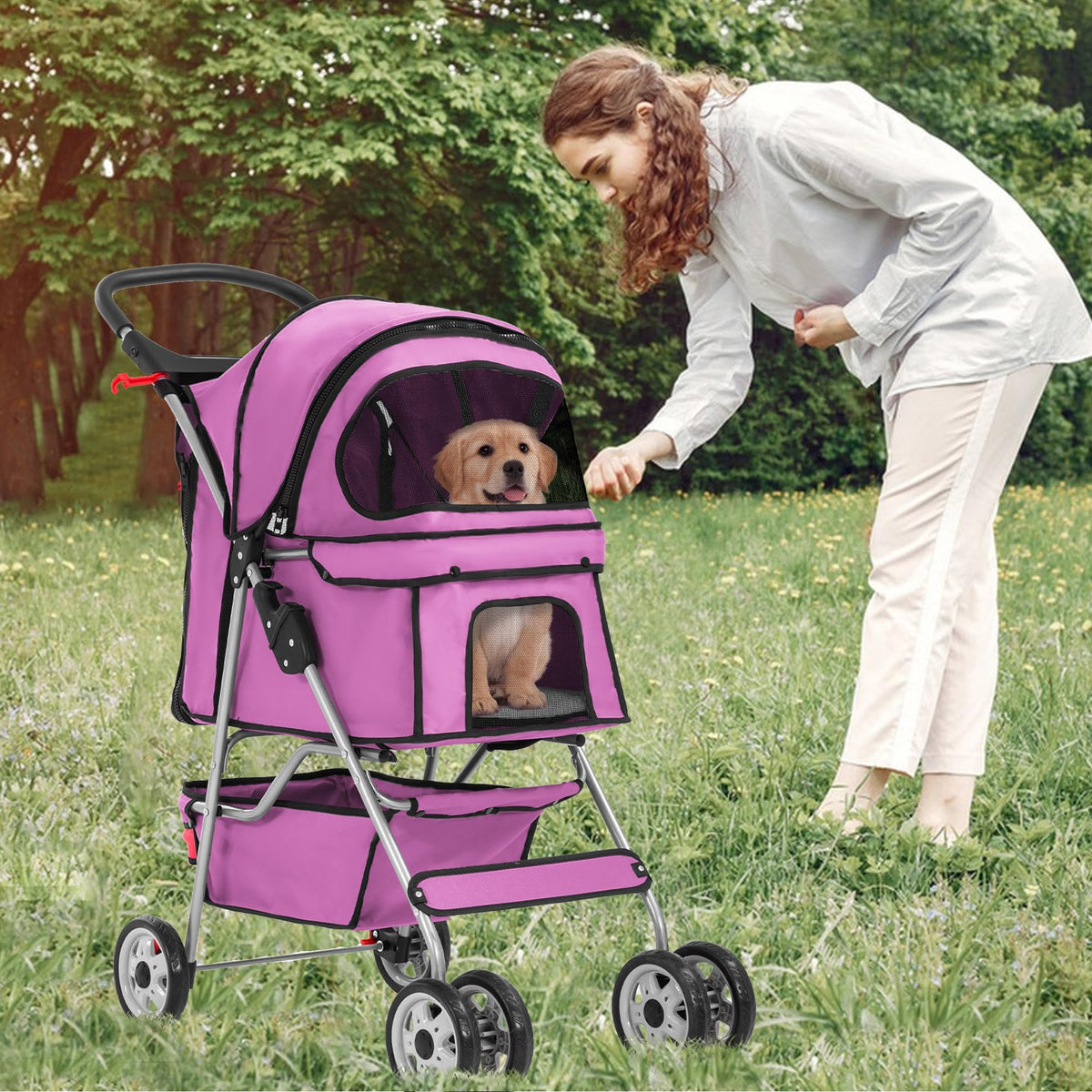 4-Wheel Foldable Pet Stroller Pink Q984
