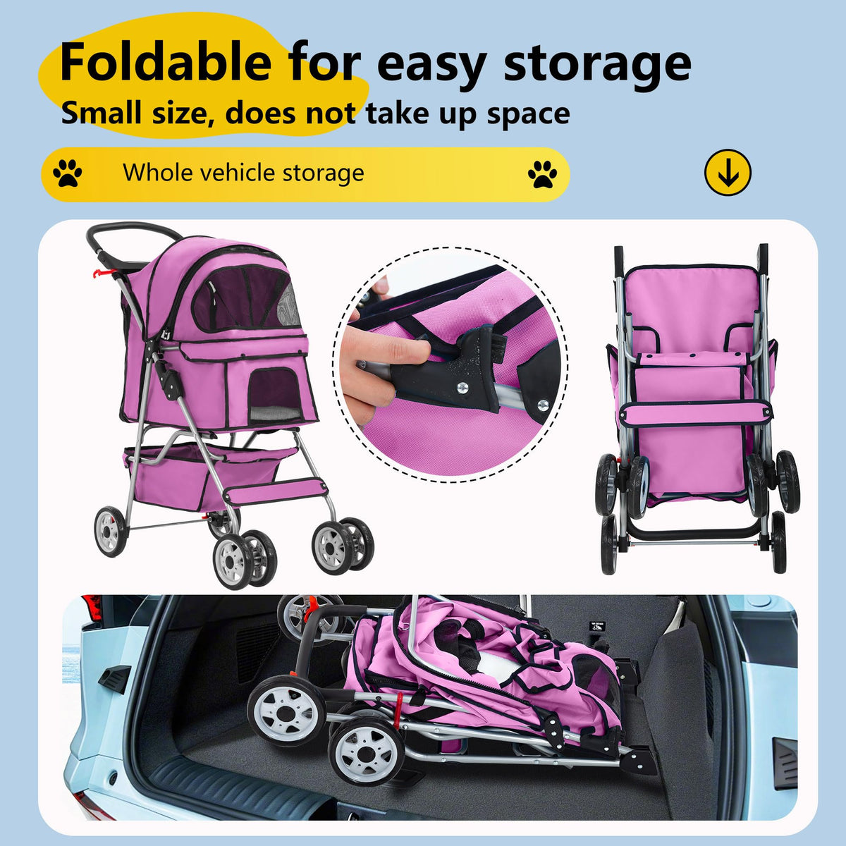 4-Wheel Foldable Pet Stroller Pink Q984