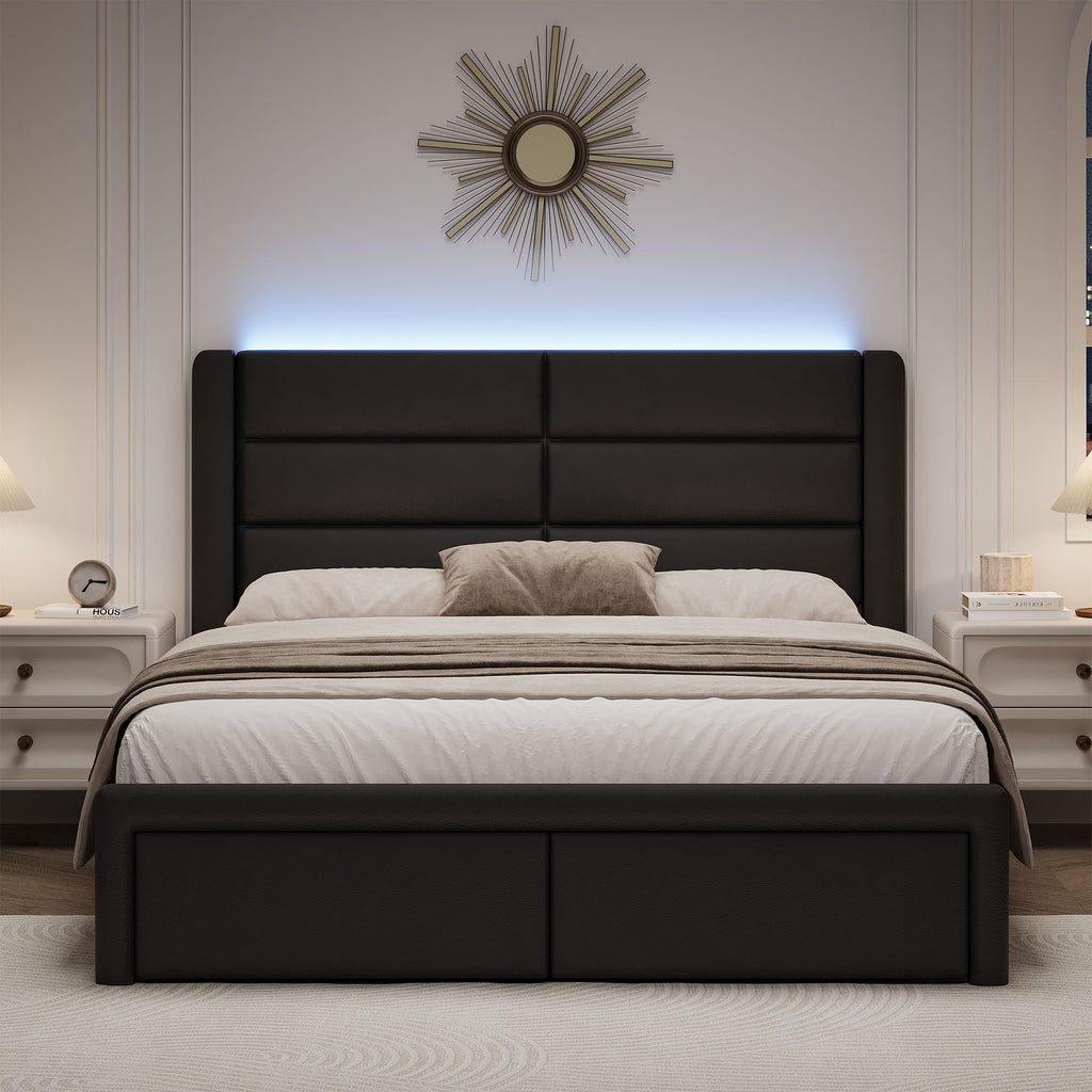 Black Queen Upholstered Bed Frame with Headboard and LED Lights V460021