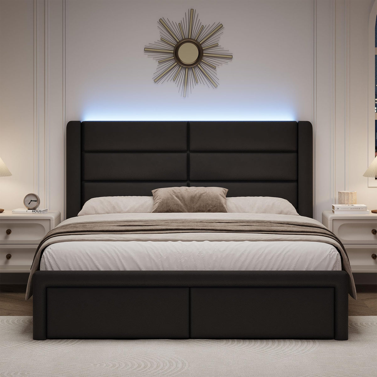 Black Queen Upholstered Bed Frame with Headboard and LED Lights V460021