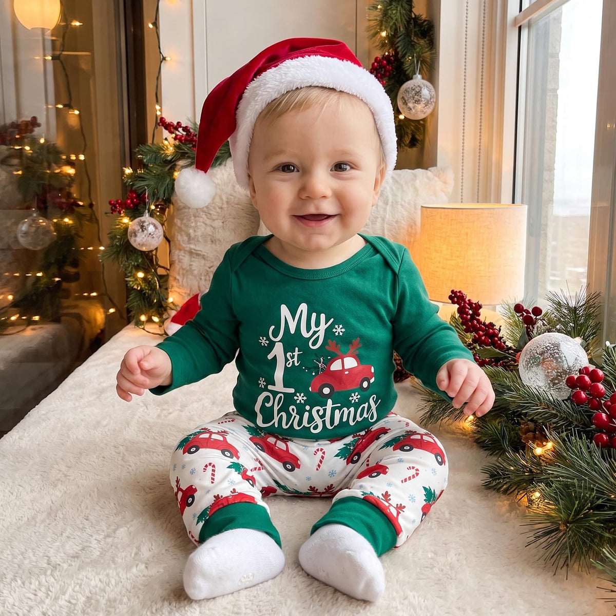 My First Christmas Baby Boy Outfit Romper Pants Hat Q76850