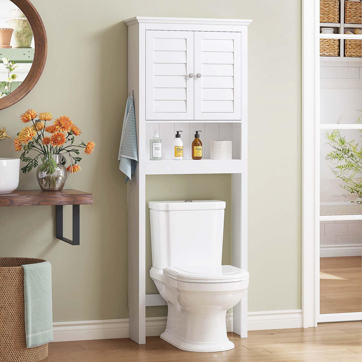 White Over The Toilet Storage Cabinet with Louvered Doors & Hooks R8893