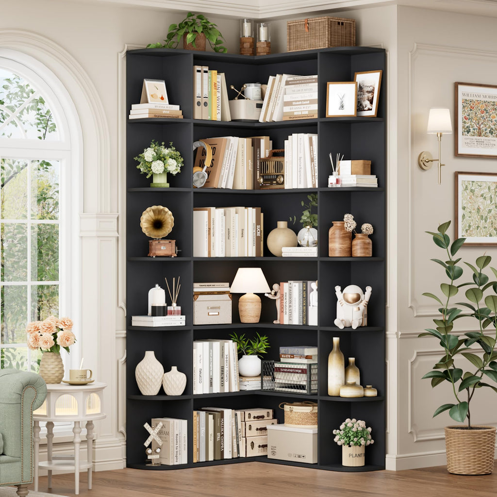 72" Tall 6-Tier Black Corner Bookshelf G353285