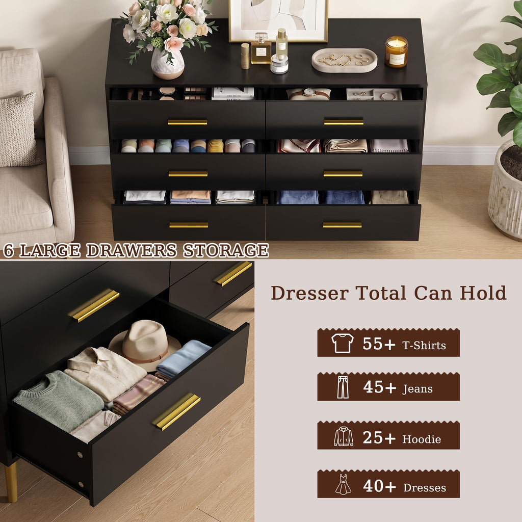 Black 6 Drawer Wood Dresser E6113