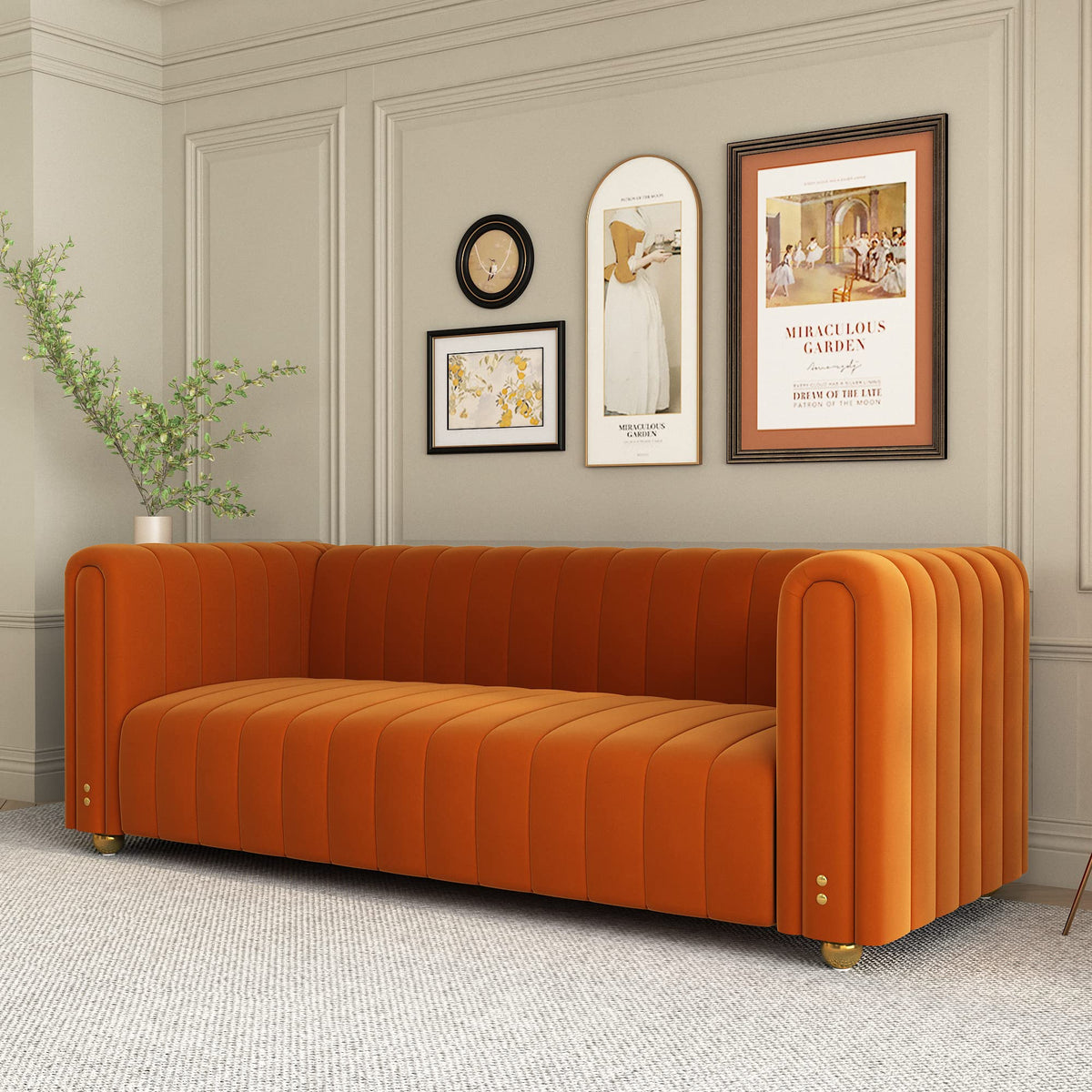 Orange Velvet 3 Seat Tufted Sofa Y9323
