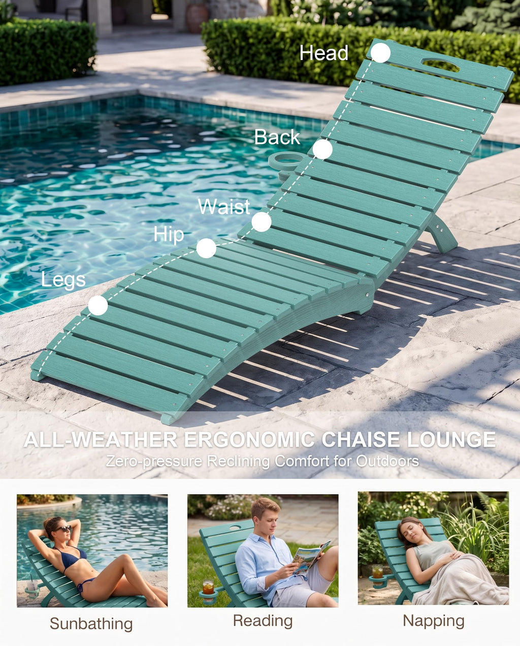 Blue HDPE Pool Chaise Lounge Chairs with Cup Holder, Set of 2 T3015