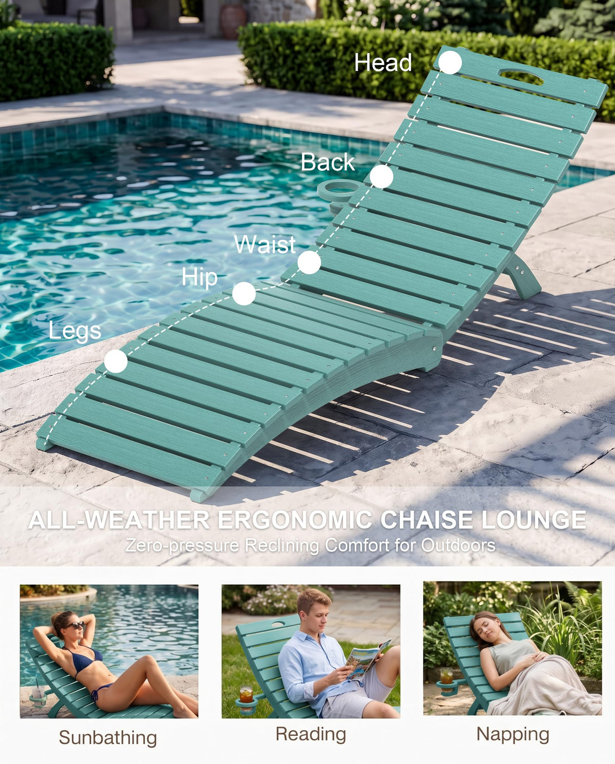 Blue HDPE Pool Chaise Lounge Chairs with Cup Holder, Set of 2 T3015