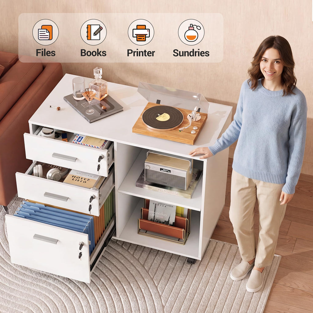 White 3 Drawer Wood File Cabinet with Lock B462282