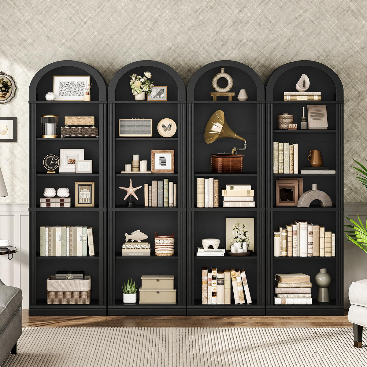 75.8" Tall Narrow 6-Tier Arched Wooden Bookshelf, Black T2716