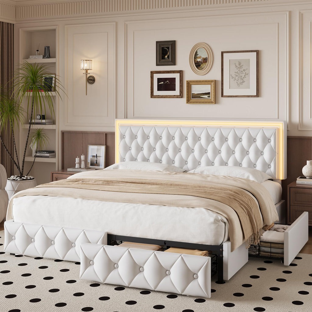 White Full Size LED Bed Frame with 4 Storage Drawers and Adjustable Headboard J518173