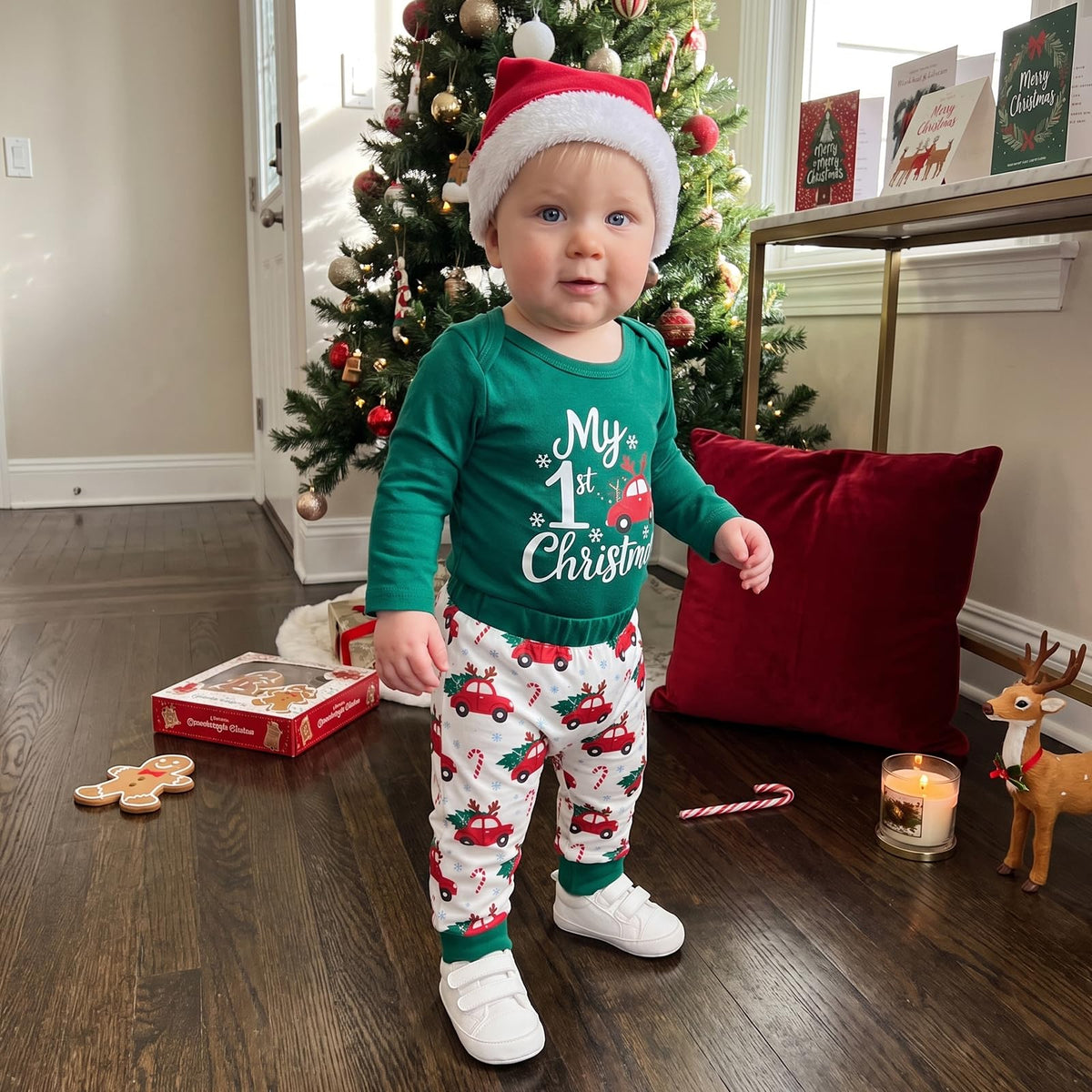 My First Christmas Baby Boy Outfit Romper Pants Hat Q76850