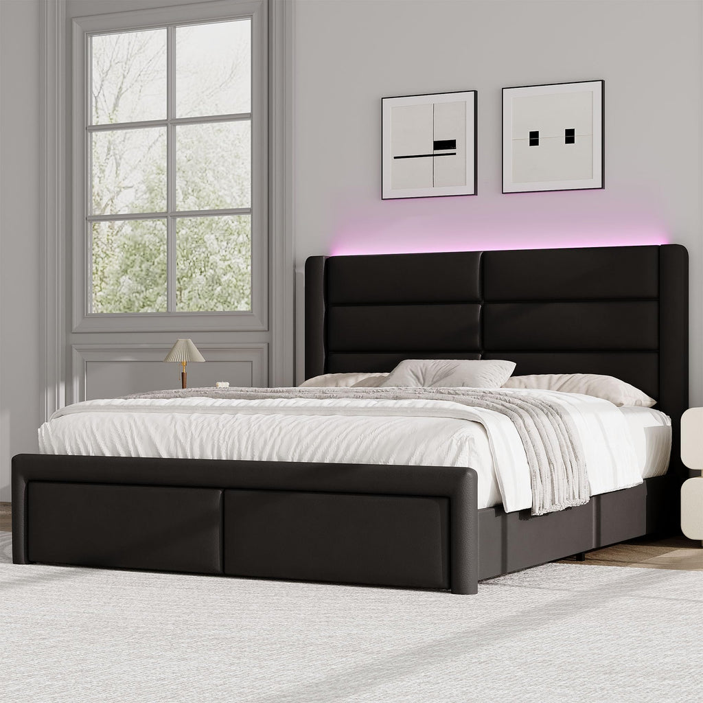 Black Queen Upholstered Bed Frame with Headboard and LED Lights V460021