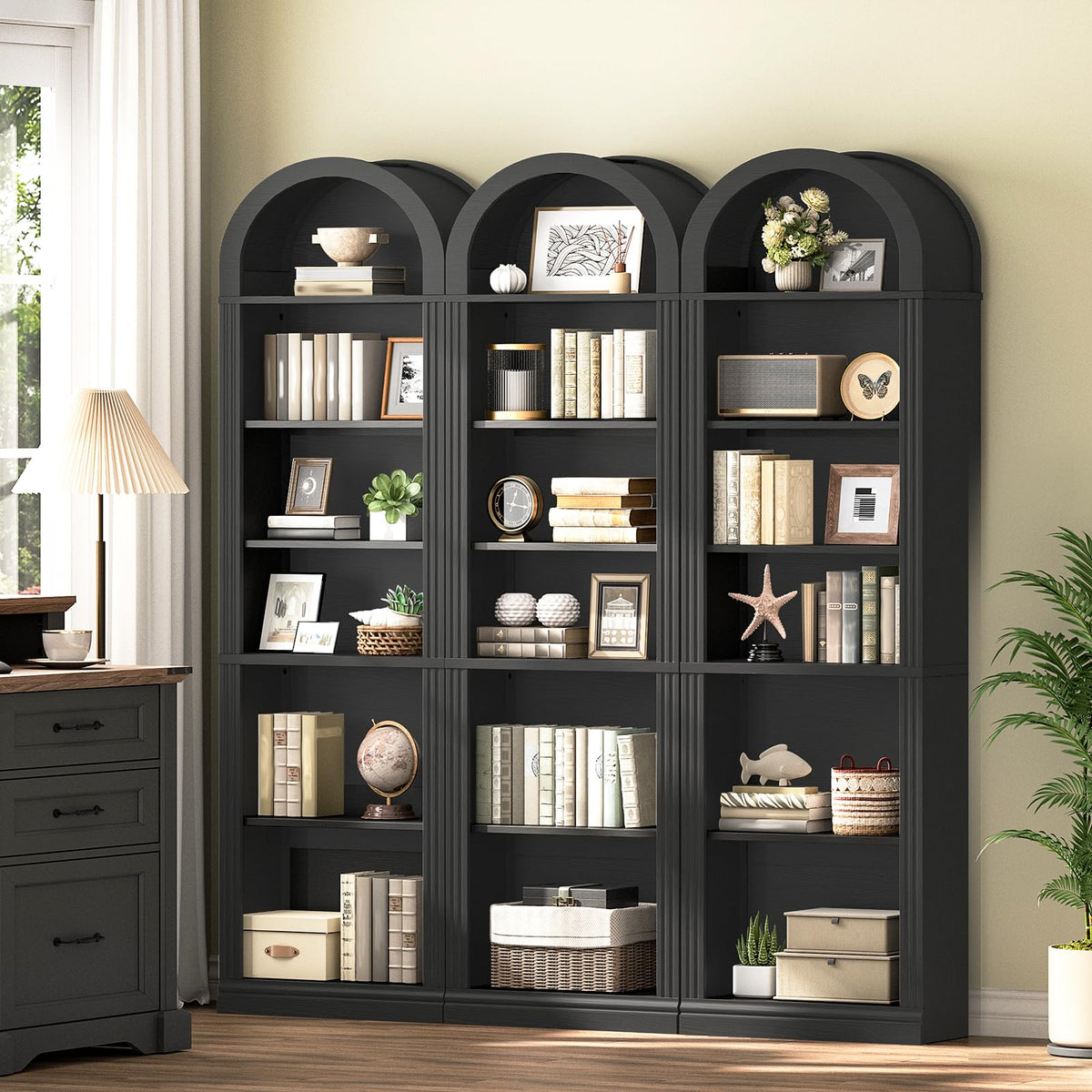 75.8" Tall Narrow 6-Tier Arched Wooden Bookshelf, Black T2716