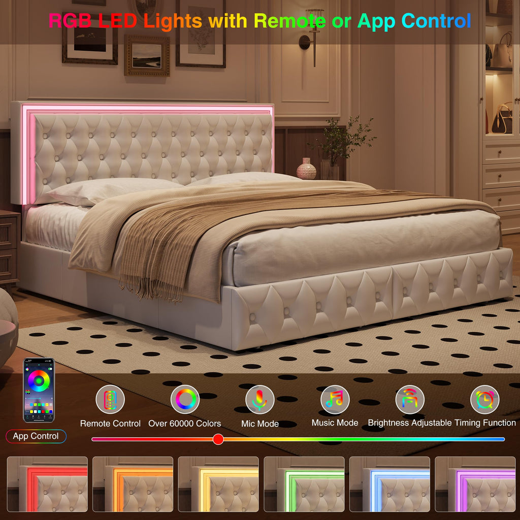 White Full Size LED Bed Frame with 4 Storage Drawers and Adjustable Headboard J518173