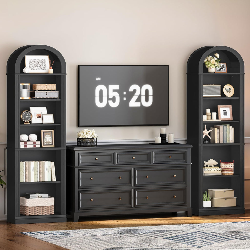75.8" Tall Narrow 6-Tier Arched Wooden Bookshelf, Black T2716
