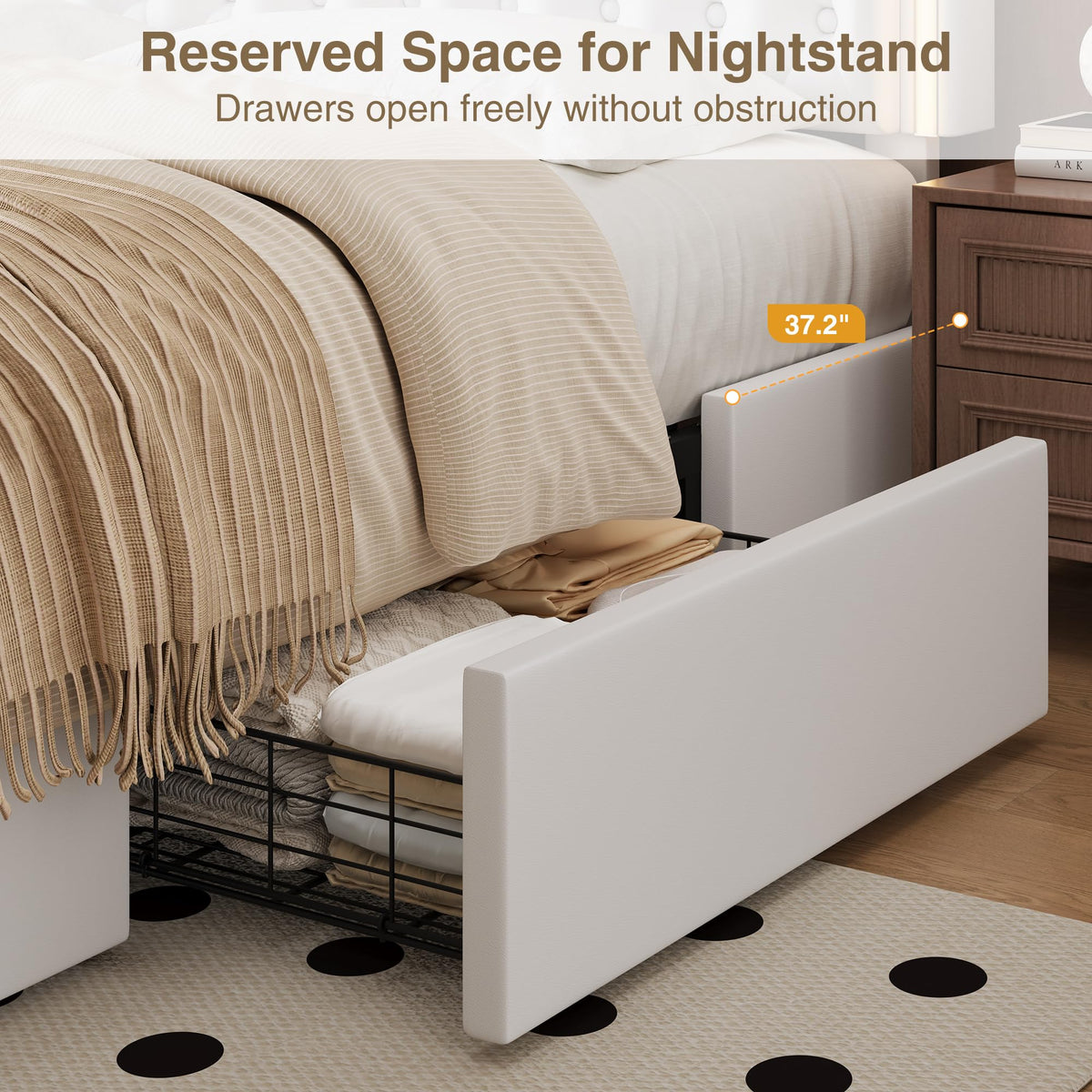 White Full Size LED Bed Frame with 4 Storage Drawers and Adjustable Headboard J518173