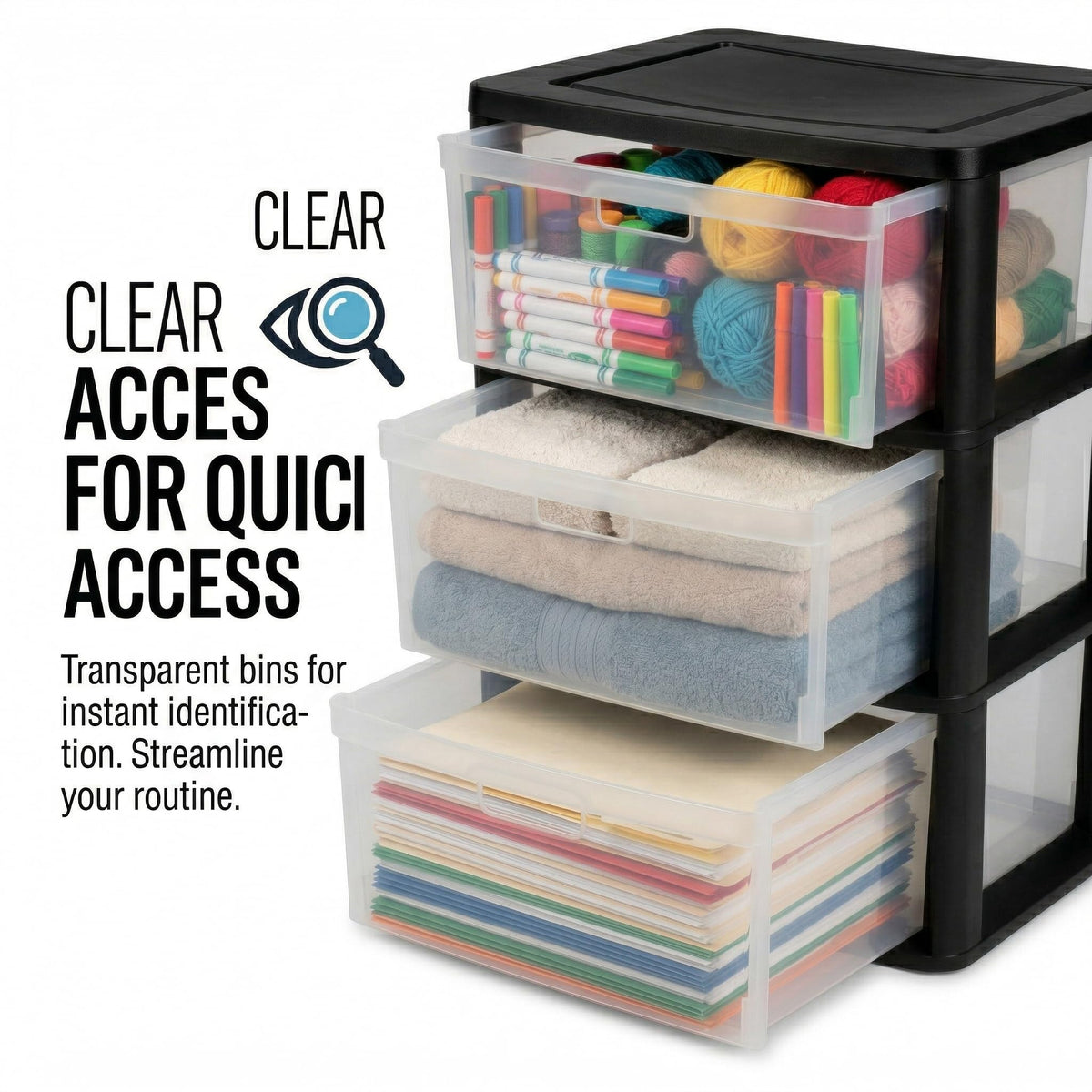 Black 3 Drawer Storage Organizer Tower with Clear Plastic Bins G4372