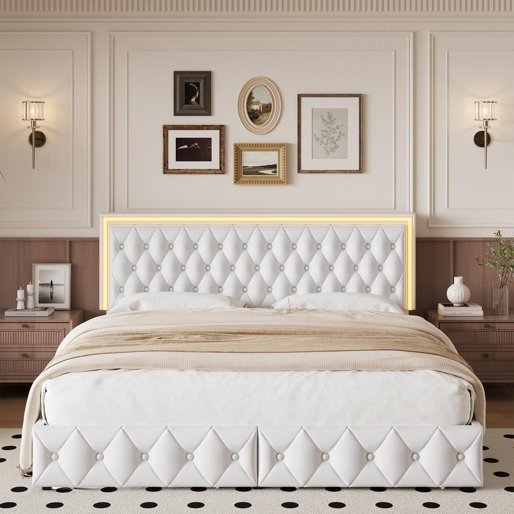 White Full Size LED Bed Frame with 4 Storage Drawers and Adjustable Headboard J518173